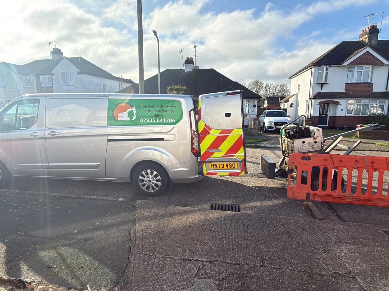 Connerty Construction van and mini excavator on site during a drop kerb and groundworks job in Maidstone